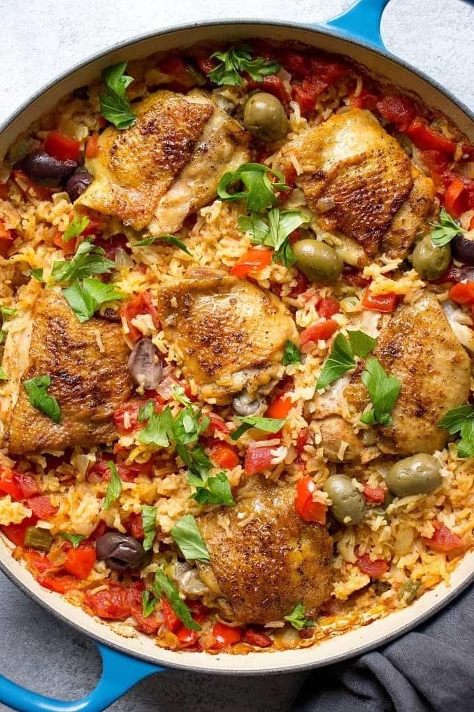  A colorful medley of spices and veggies make my arroz con pollo a feast for the eyes.