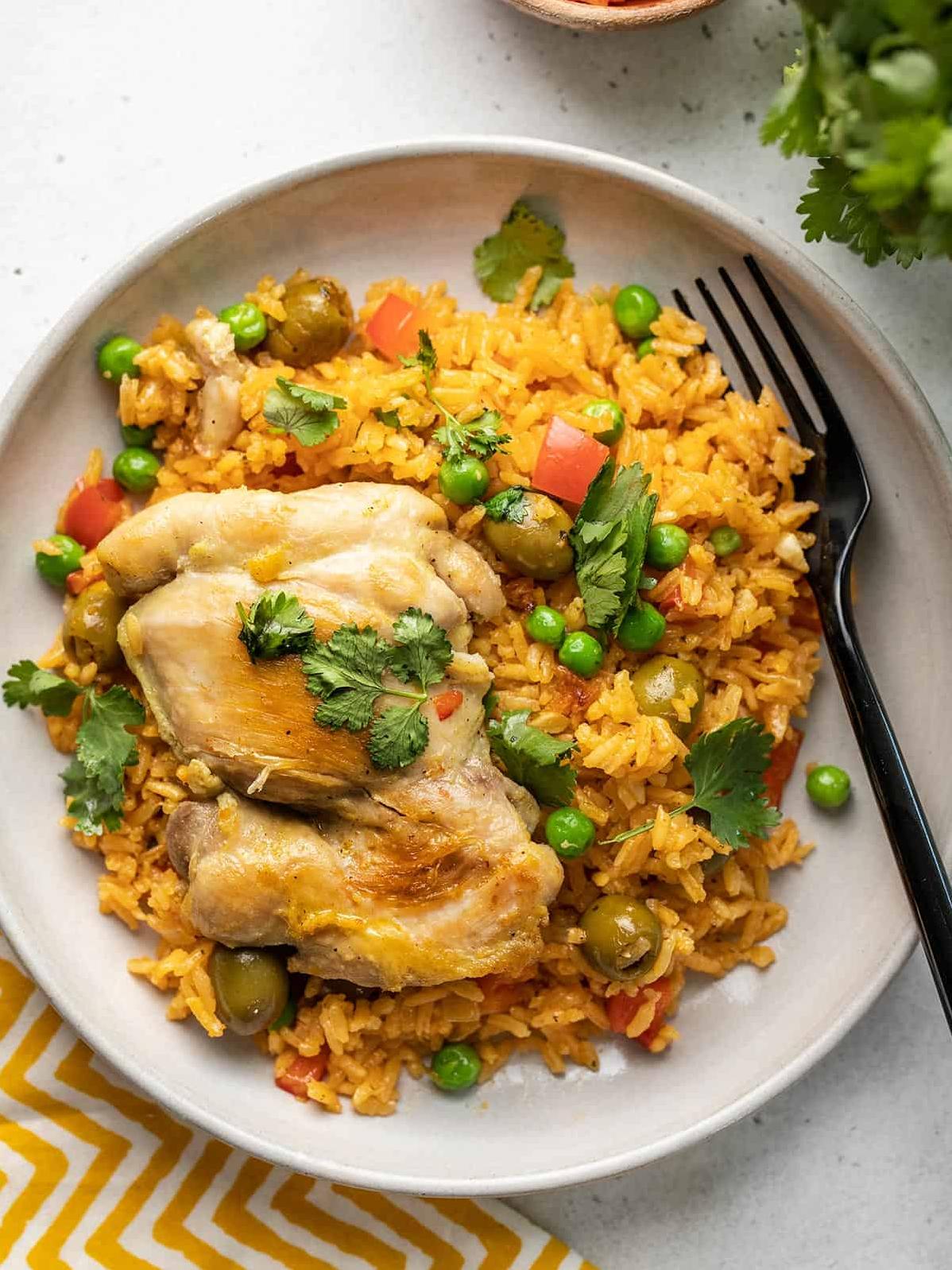 A spoonful of tender chicken and savory rice.