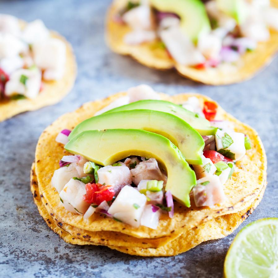  The diced pieces of shrimp and fish combined with juicy tomatoes, crunchy radish and creamy avocado on a crunchy tostada is a burst of vibrant flavors in a bite.